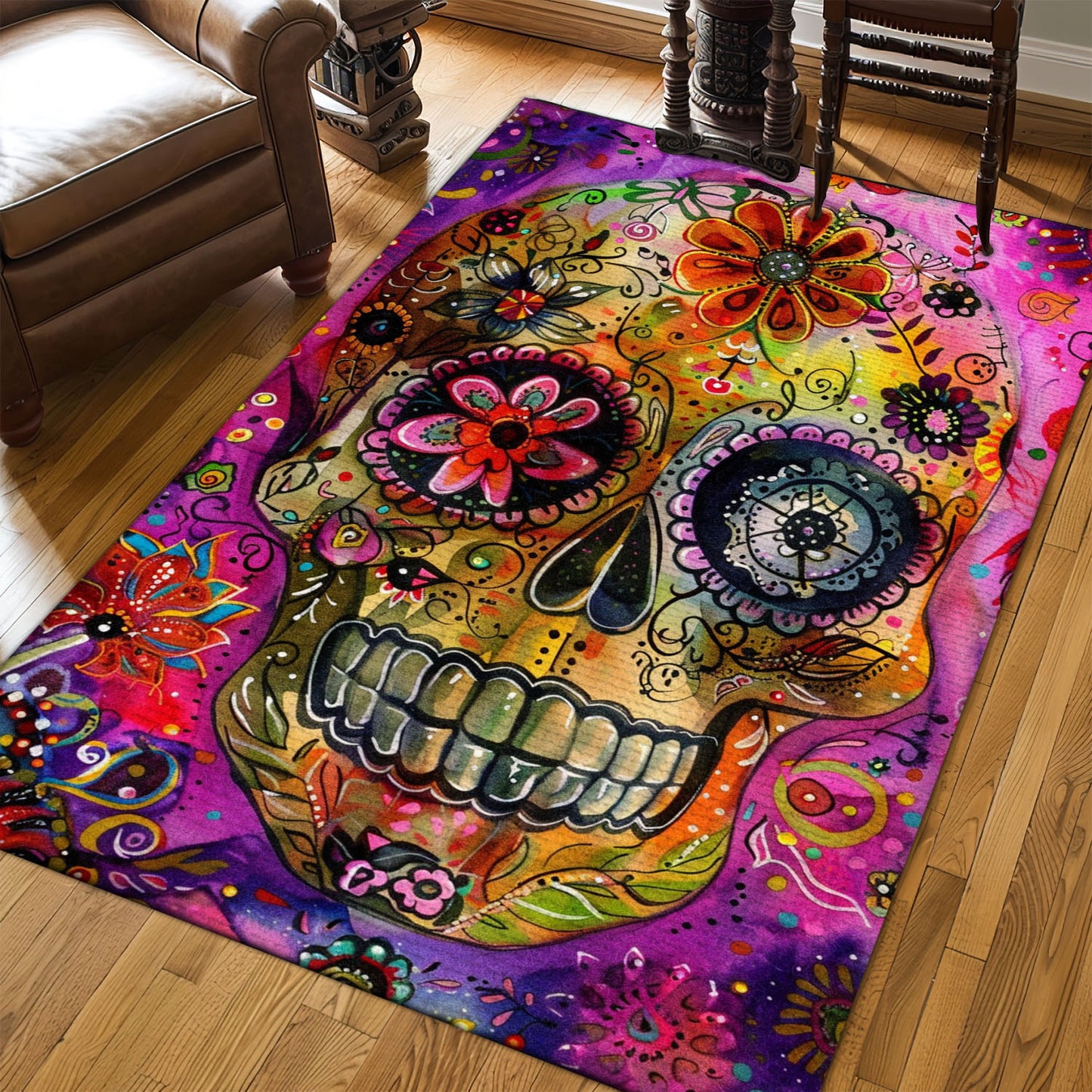 Personalized Batik Style Sugar Skull Print Rug: Pop of Color for Your Floors, Skull Rug, Area Rugs 5x8, 4x6, 3x5 Size for Living Room Bedroom Home Decorative Skull K58