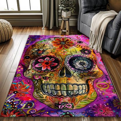 Personalized Batik Style Sugar Skull Print Rug: Pop of Color for Your Floors, Skull Rug, Area Rugs 5x8, 4x6, 3x5 Size for Living Room Bedroom Home Decorative Skull K58