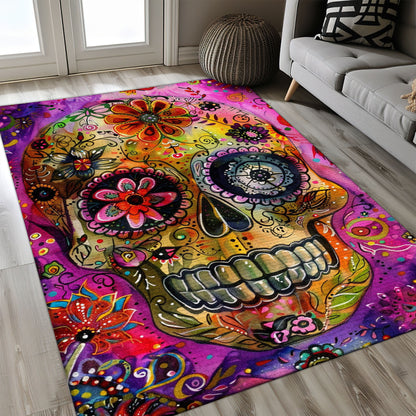 Personalized Batik Style Sugar Skull Print Rug: Pop of Color for Your Floors, Skull Rug, Area Rugs 5x8, 4x6, 3x5 Size for Living Room Bedroom Home Decorative Skull K58