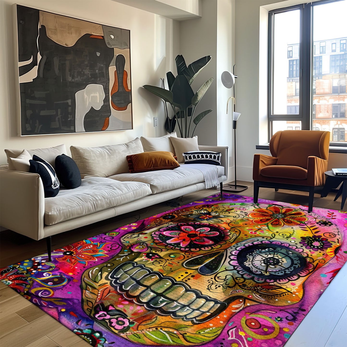 Personalized Batik Style Sugar Skull Print Rug: Pop of Color for Your Floors, Skull Rug, Area Rugs 5x8, 4x6, 3x5 Size for Living Room Bedroom Home Decorative Skull K58