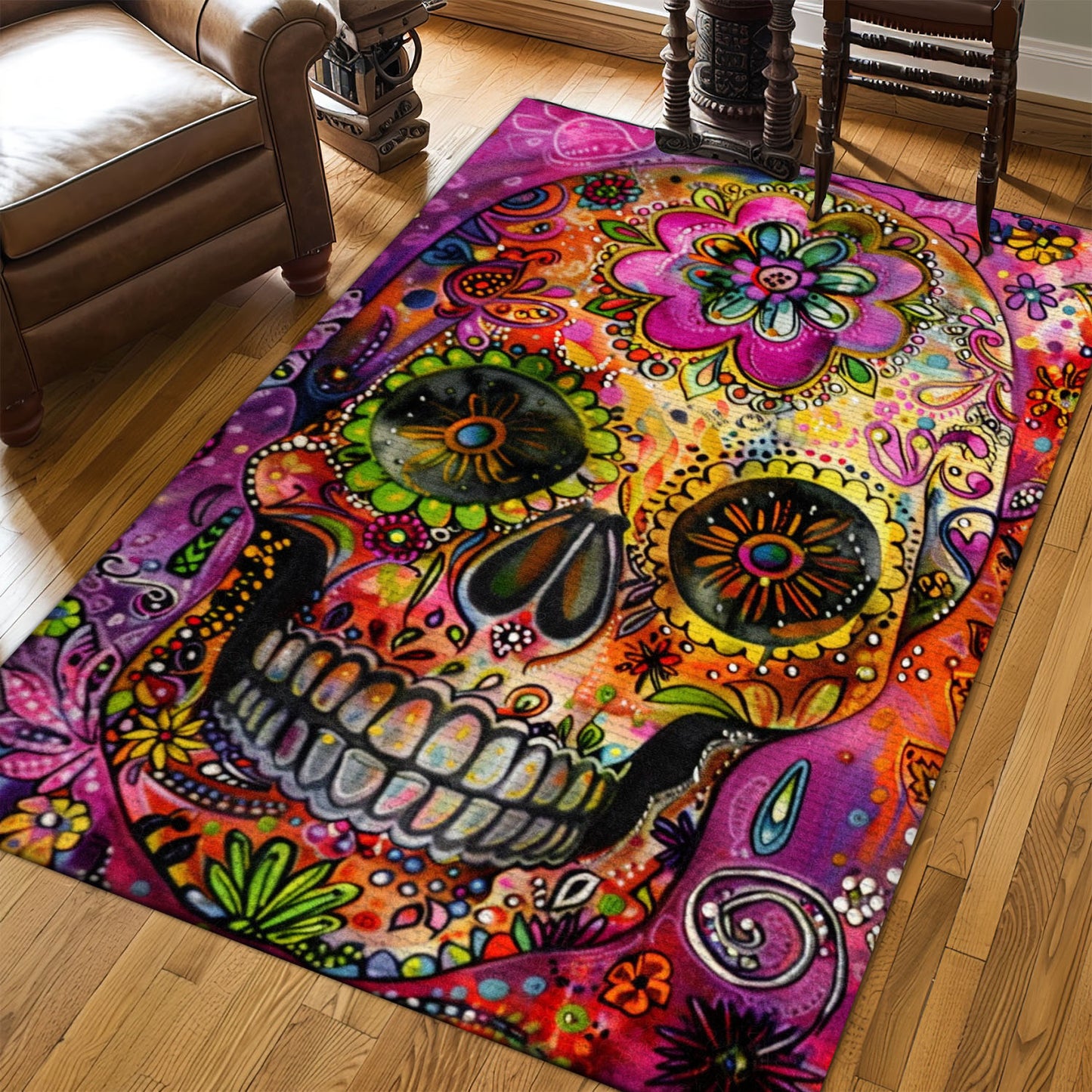 Personalized Colorful Mexican Sugar Skull Batik Rug: Vibrancy for Your Bedroom Living Room, Skull Rug, Area Rugs 5x8, 4x6, 3x5 Size for Living Room Bedroom Home Decorative Skull K57