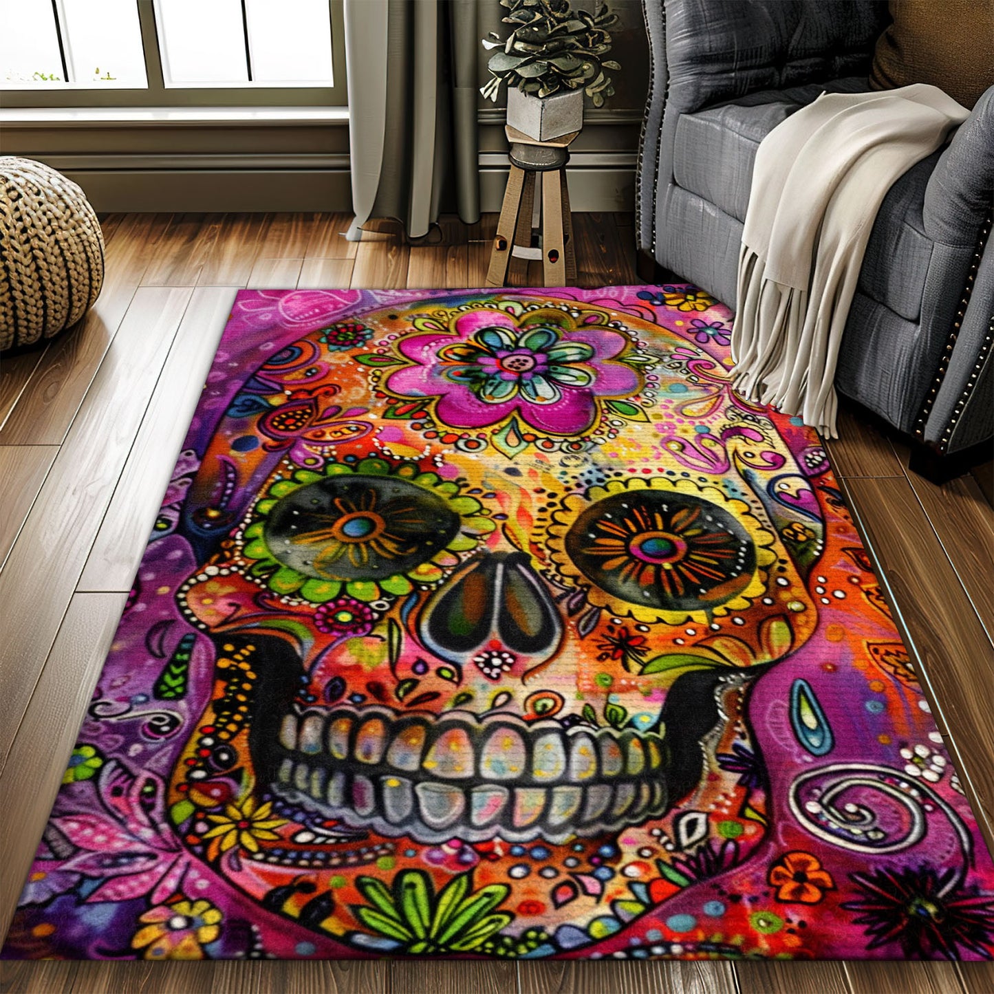 Personalized Colorful Mexican Sugar Skull Batik Rug: Vibrancy for Your Bedroom Living Room, Skull Rug, Area Rugs 5x8, 4x6, 3x5 Size for Living Room Bedroom Home Decorative Skull K57