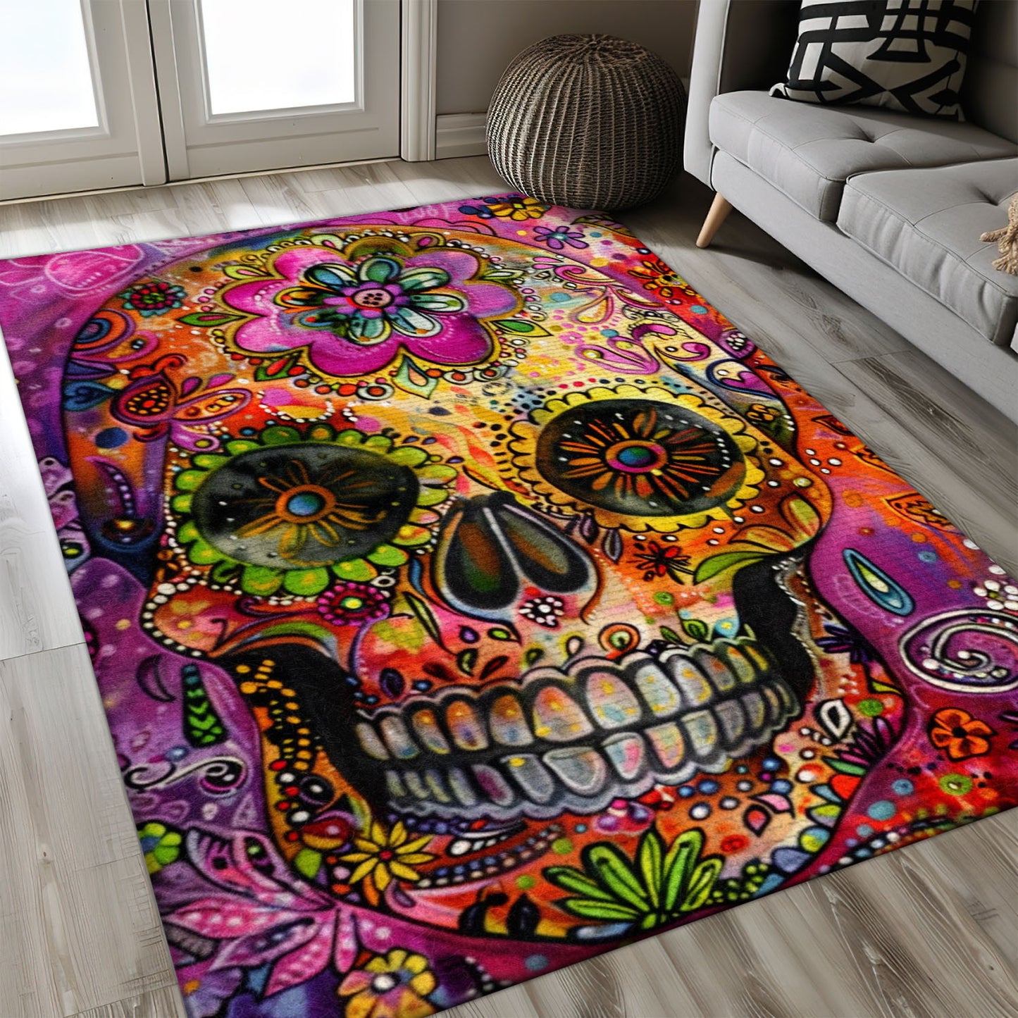 Personalized Colorful Mexican Sugar Skull Batik Rug: Vibrancy for Your Bedroom Living Room, Skull Rug, Area Rugs 5x8, 4x6, 3x5 Size for Living Room Bedroom Home Decorative Skull K57