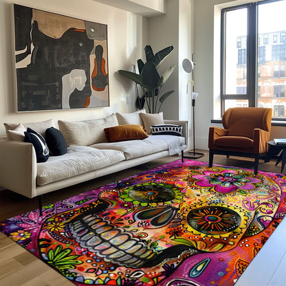 Personalized Colorful Mexican Sugar Skull Batik Rug: Vibrancy for Your Bedroom Living Room, Skull Rug, Area Rugs 5x8, 4x6, 3x5 Size for Living Room Bedroom Home Decorative Skull K57