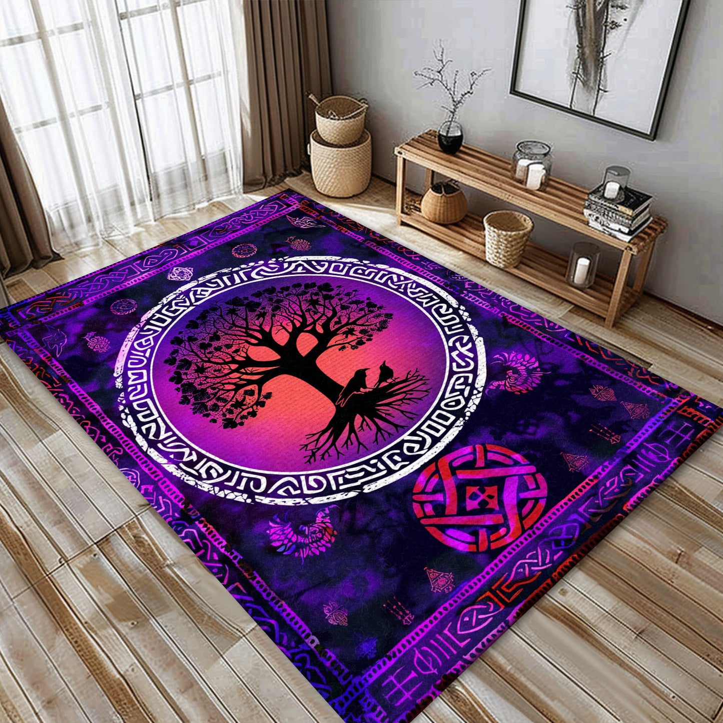 Mythological Viking Area Rug Featuring Celtic Tree of Life, Personalized Carpet Viking, Viking Area Rugs for Living Room, Viking Carpet Bedroom, Popular Rug Full Size (3x5, 4x6, 5x8) V19