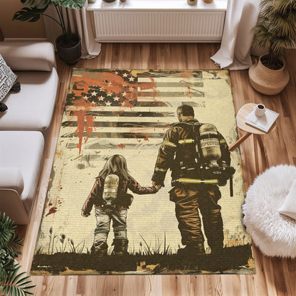 Bold Fire Truck in Front of the USA Flag Area Rug: Show Support for First Responders and Nation, Firefighter Rugs for Living Room Bedroom, Firefighter Rectangular Rugs Full Size FR60