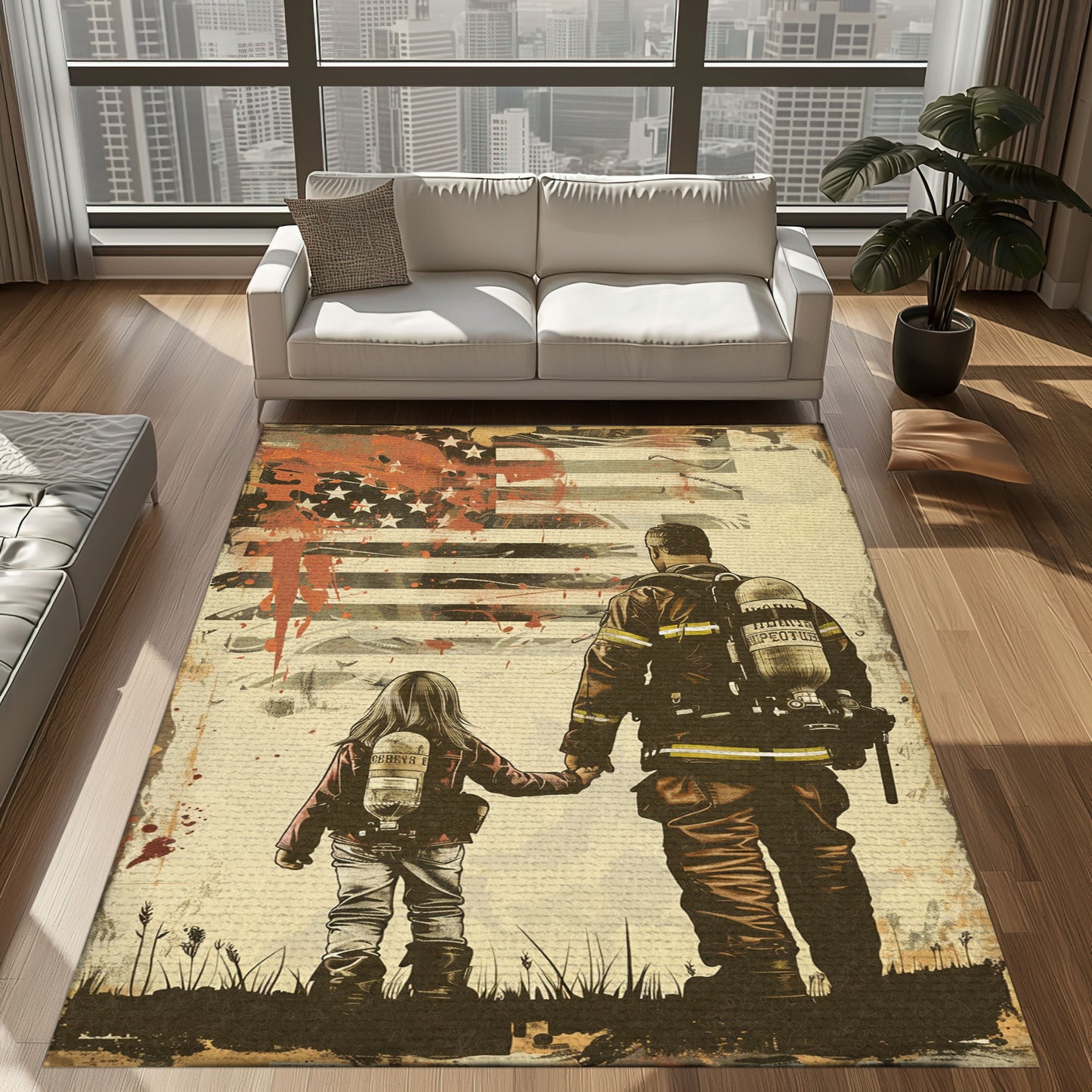 Bold Fire Truck in Front of the USA Flag Area Rug: Show Support for First Responders and Nation, Firefighter Rugs for Living Room Bedroom, Firefighter Rectangular Rugs Full Size FR60