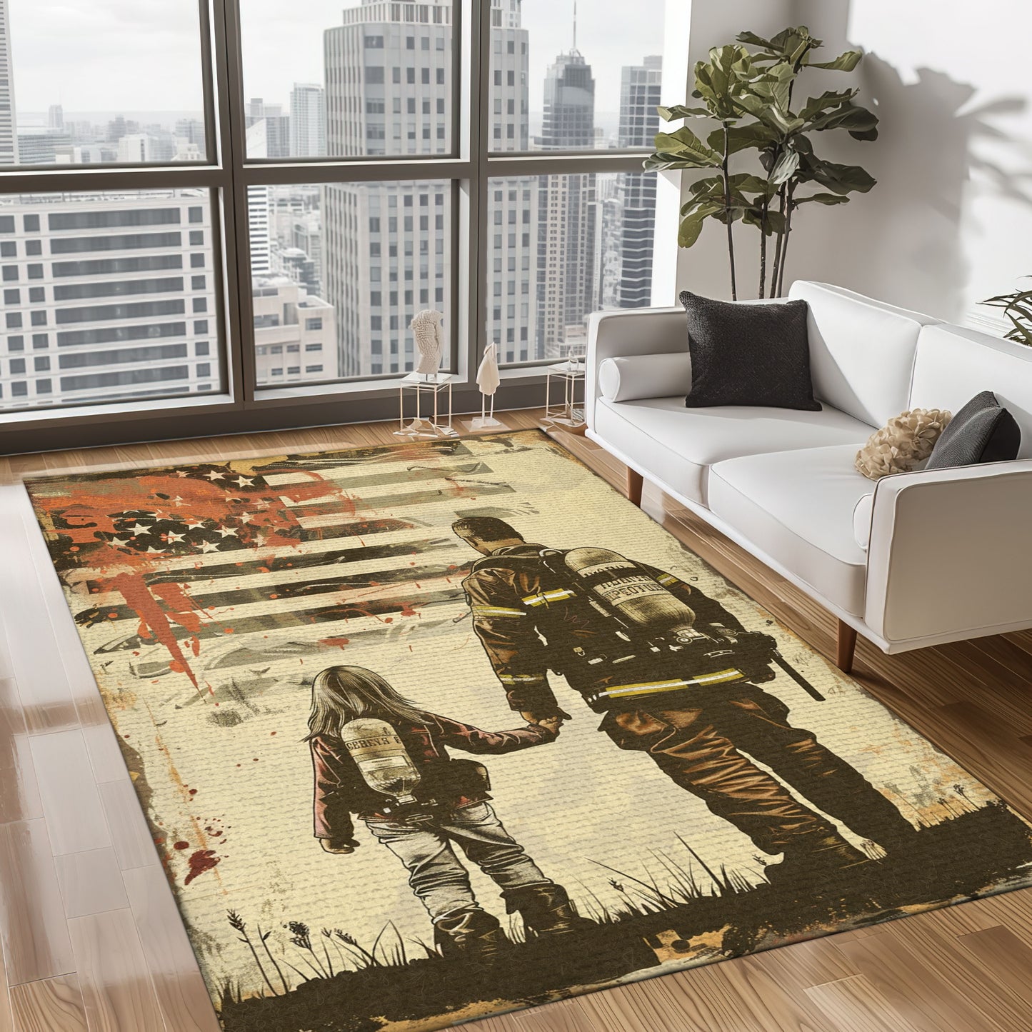 Bold Fire Truck in Front of the USA Flag Area Rug: Show Support for First Responders and Nation, Firefighter Rugs for Living Room Bedroom, Firefighter Rectangular Rugs Full Size FR60