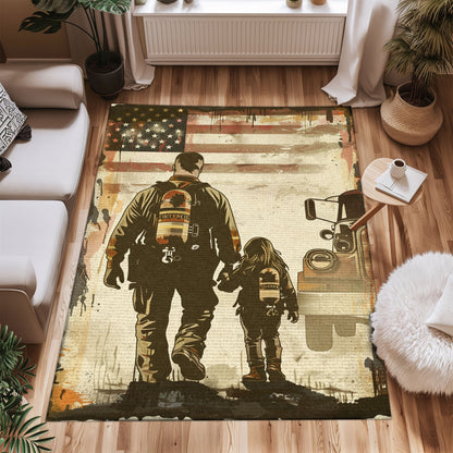 Bold Fire Truck in Front of the USA Flag Area Rug: Show Support for First Responders and Nation, Firefighter Rugs for Living Room Bedroom, Firefighter Rectangular Rugs Full Size FR60