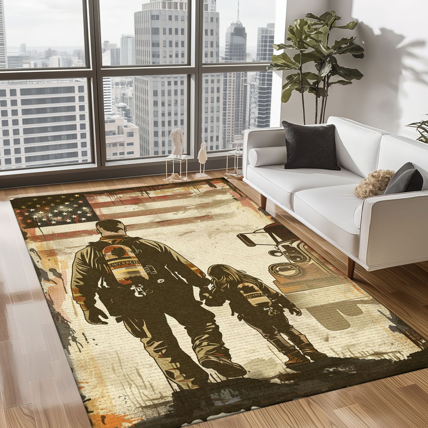 Bold Fire Truck in Front of the USA Flag Area Rug: Show Support for First Responders and Nation, Firefighter Rugs for Living Room Bedroom, Firefighter Rectangular Rugs Full Size FR60