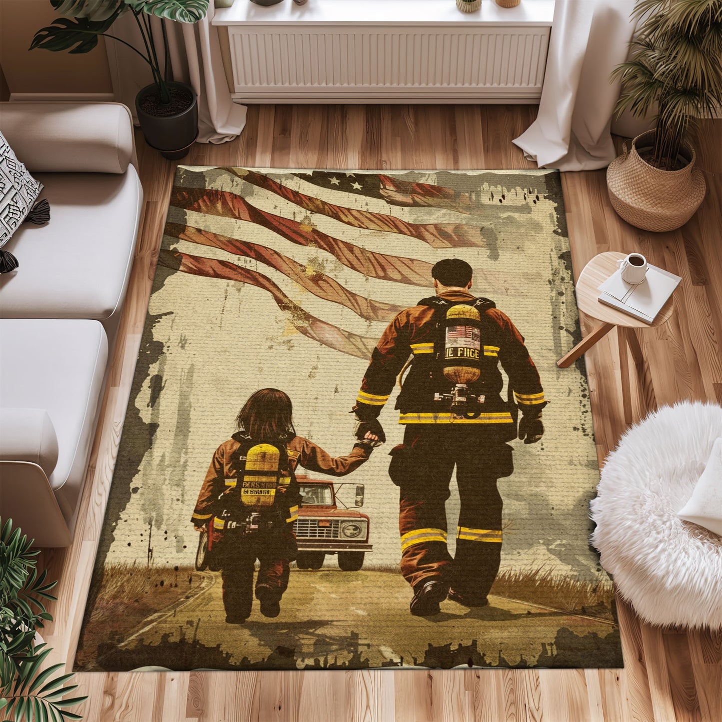 Bold Fire Truck in Front of the USA Flag Area Rug: Show Support for First Responders and Nation, Firefighter Rugs for Living Room Bedroom, Firefighter Rectangular Rugs Full Size FR60