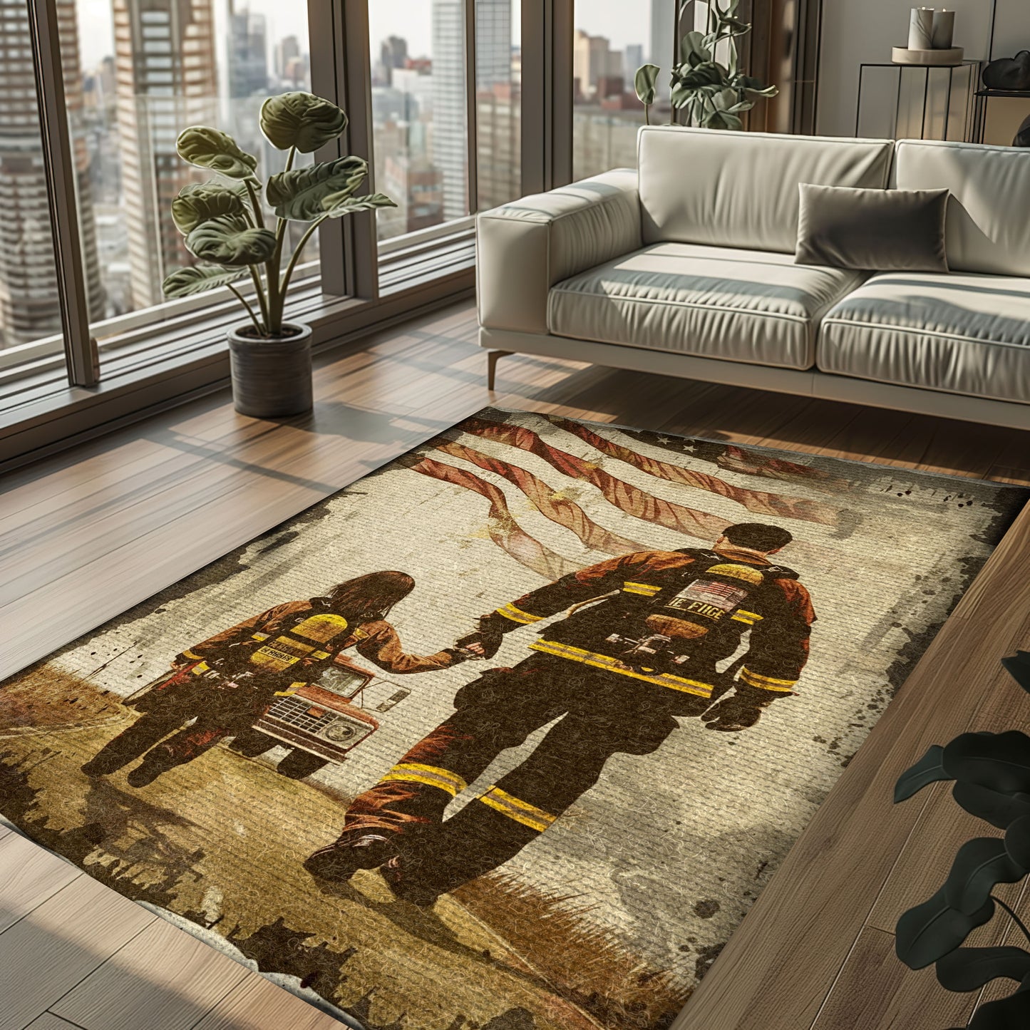 Bold Fire Truck in Front of the USA Flag Area Rug: Show Support for First Responders and Nation, Firefighter Rugs for Living Room Bedroom, Firefighter Rectangular Rugs Full Size FR60