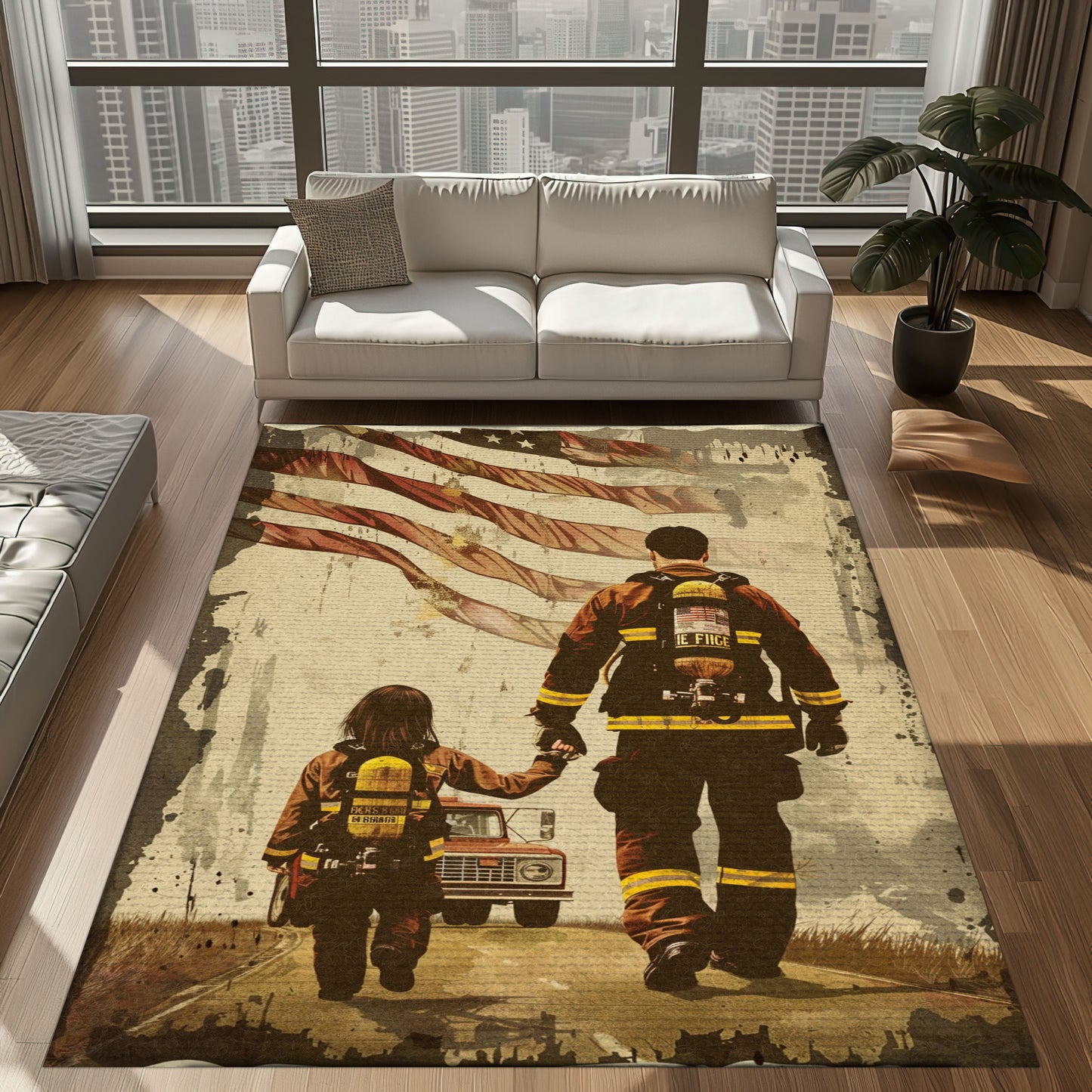 Bold Fire Truck in Front of the USA Flag Area Rug: Show Support for First Responders and Nation, Firefighter Rugs for Living Room Bedroom, Firefighter Rectangular Rugs Full Size FR60