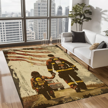 Bold Fire Truck in Front of the USA Flag Area Rug: Show Support for First Responders and Nation, Firefighter Rugs for Living Room Bedroom, Firefighter Rectangular Rugs Full Size FR60