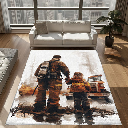 Bold Fire Truck in Front of the USA Flag Area Rug: Show Support for First Responders and Nation, Firefighter Rugs for Living Room Bedroom, Firefighter Rectangular Rugs Full Size FR60