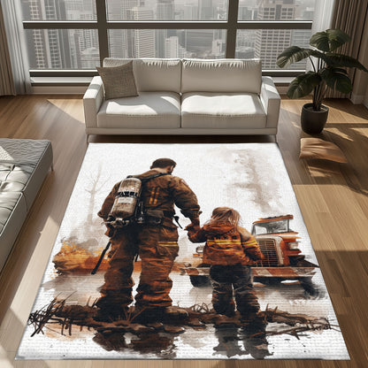 Nurturing Bonds: Personalized Firefighter-Themed Rugs for Dad and Daughter, Firefighter Rugs for Living Room Bedroom, Firefighter Rectangular Rugs Full Size FR117