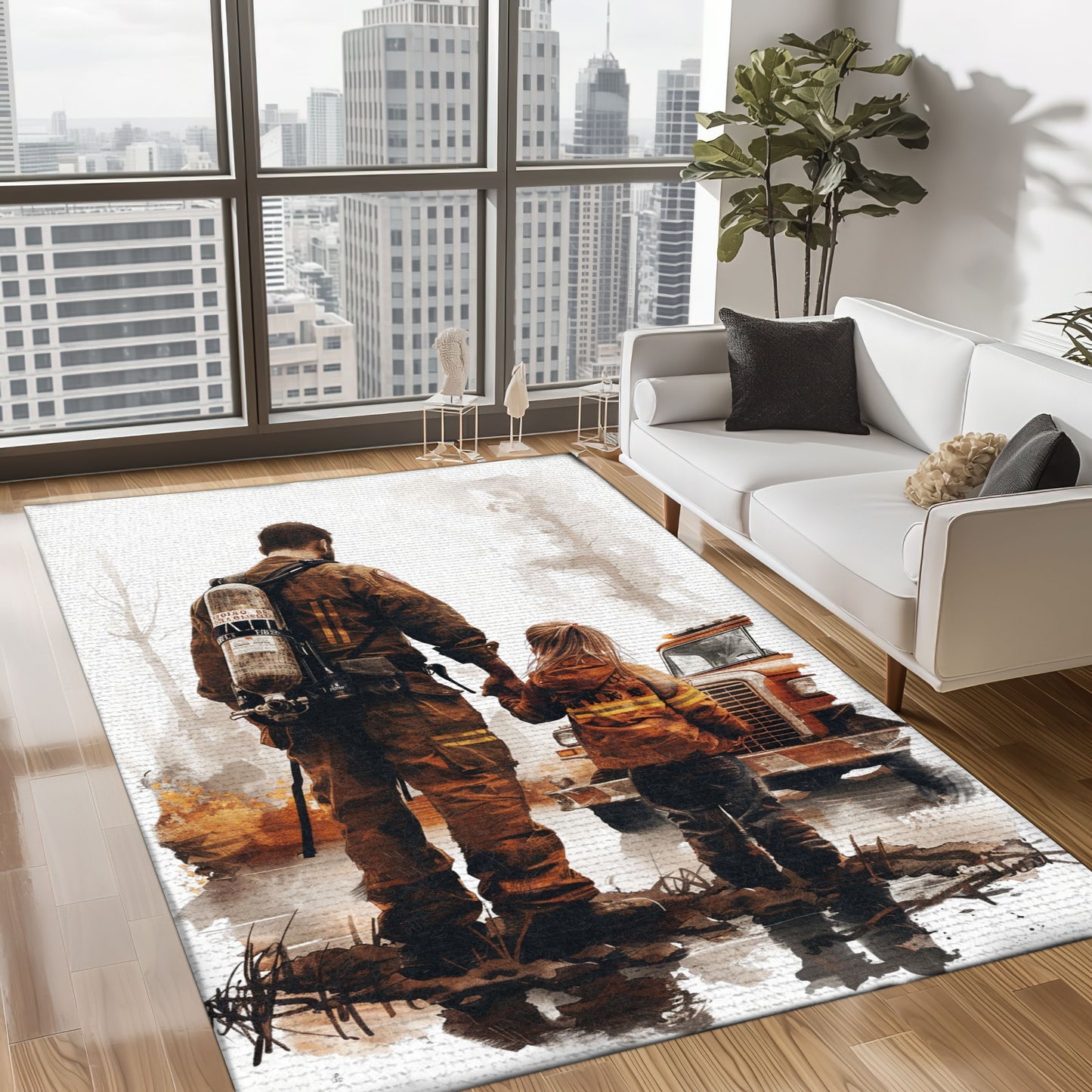 Nurturing Bonds: Personalized Firefighter-Themed Rugs for Dad and Daughter, Firefighter Rugs for Living Room Bedroom, Firefighter Rectangular Rugs Full Size FR117