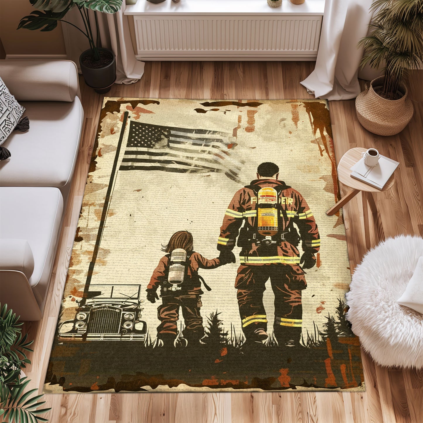 Bold Fire Truck in Front of the USA Flag Area Rug: Show Support for First Responders and Nation, Firefighter Rugs for Living Room Bedroom, Firefighter Rectangular Rugs Full Size FR60