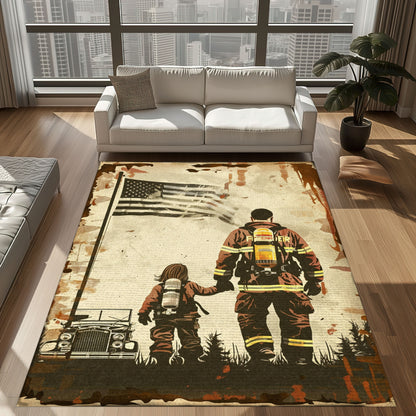 Bold Fire Truck in Front of the USA Flag Area Rug: Show Support for First Responders and Nation, Firefighter Rugs for Living Room Bedroom, Firefighter Rectangular Rugs Full Size FR60