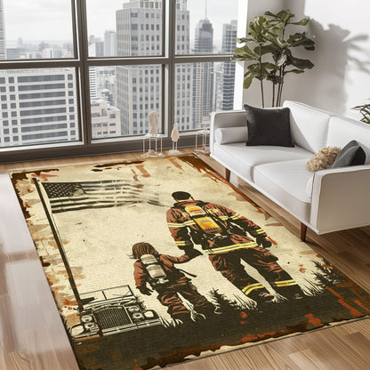 Bold Fire Truck in Front of the USA Flag Area Rug: Show Support for First Responders and Nation, Firefighter Rugs for Living Room Bedroom, Firefighter Rectangular Rugs Full Size FR60