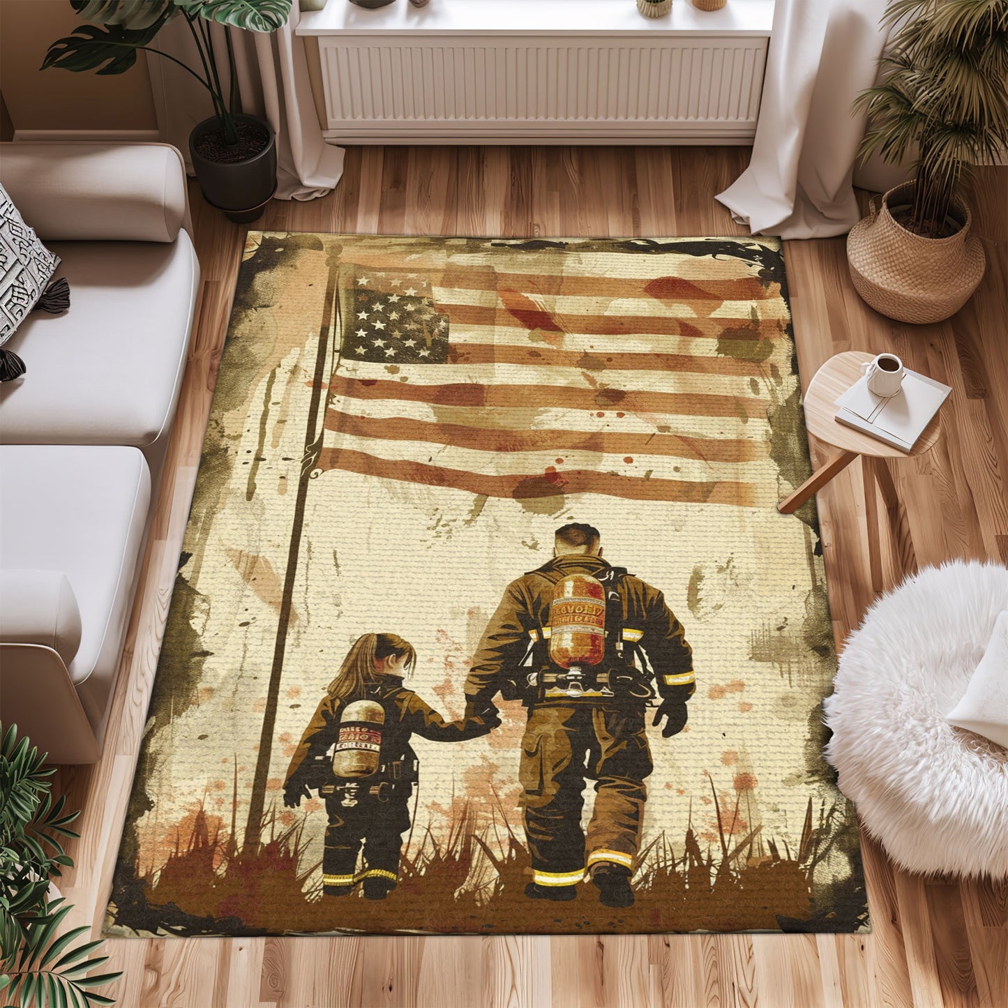 Bold Fire Truck in Front of the USA Flag Area Rug: Show Support for First Responders and Nation, Firefighter Rugs for Living Room Bedroom, Firefighter Rectangular Rugs Full Size FR60