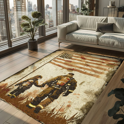 Bold Fire Truck in Front of the USA Flag Area Rug: Show Support for First Responders and Nation, Firefighter Rugs for Living Room Bedroom, Firefighter Rectangular Rugs Full Size FR60