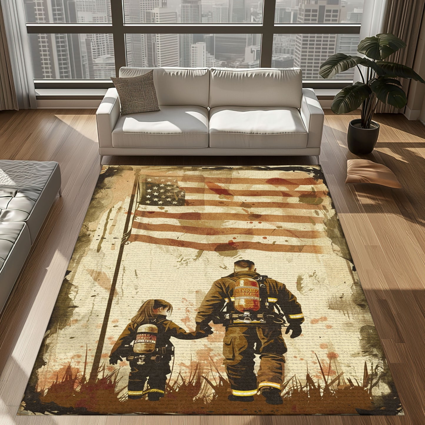 Bold Fire Truck in Front of the USA Flag Area Rug: Show Support for First Responders and Nation, Firefighter Rugs for Living Room Bedroom, Firefighter Rectangular Rugs Full Size FR60