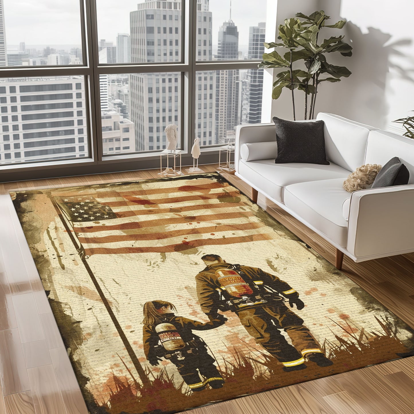 Bold Fire Truck in Front of the USA Flag Area Rug: Show Support for First Responders and Nation, Firefighter Rugs for Living Room Bedroom, Firefighter Rectangular Rugs Full Size FR60