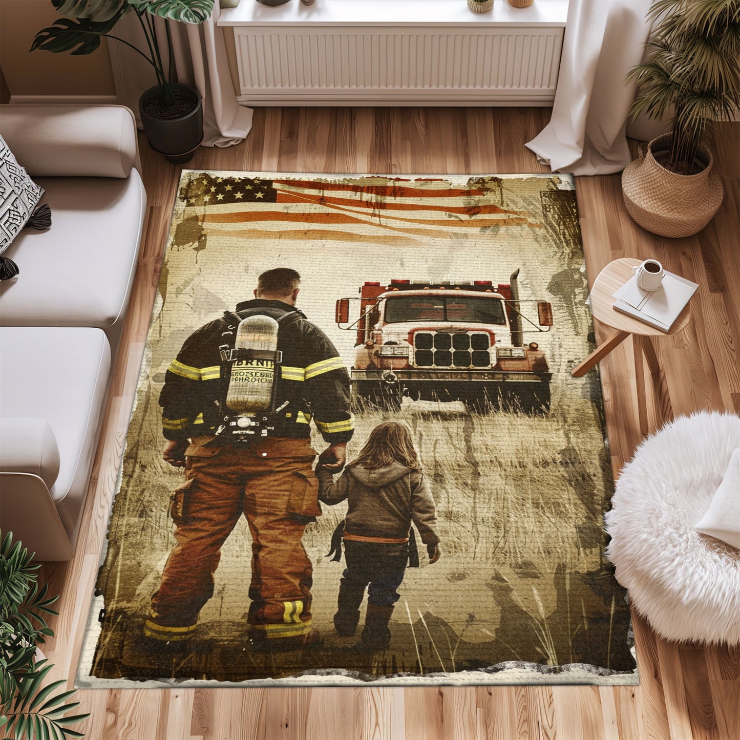 Bold Fire Truck in Front of the USA Flag Area Rug: Show Support for First Responders and Nation, Firefighter Rugs for Living Room Bedroom, Firefighter Rectangular Rugs Full Size FR60