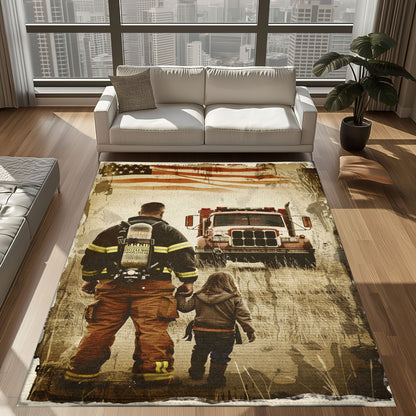 Bold Fire Truck in Front of the USA Flag Area Rug: Show Support for First Responders and Nation, Firefighter Rugs for Living Room Bedroom, Firefighter Rectangular Rugs Full Size FR60