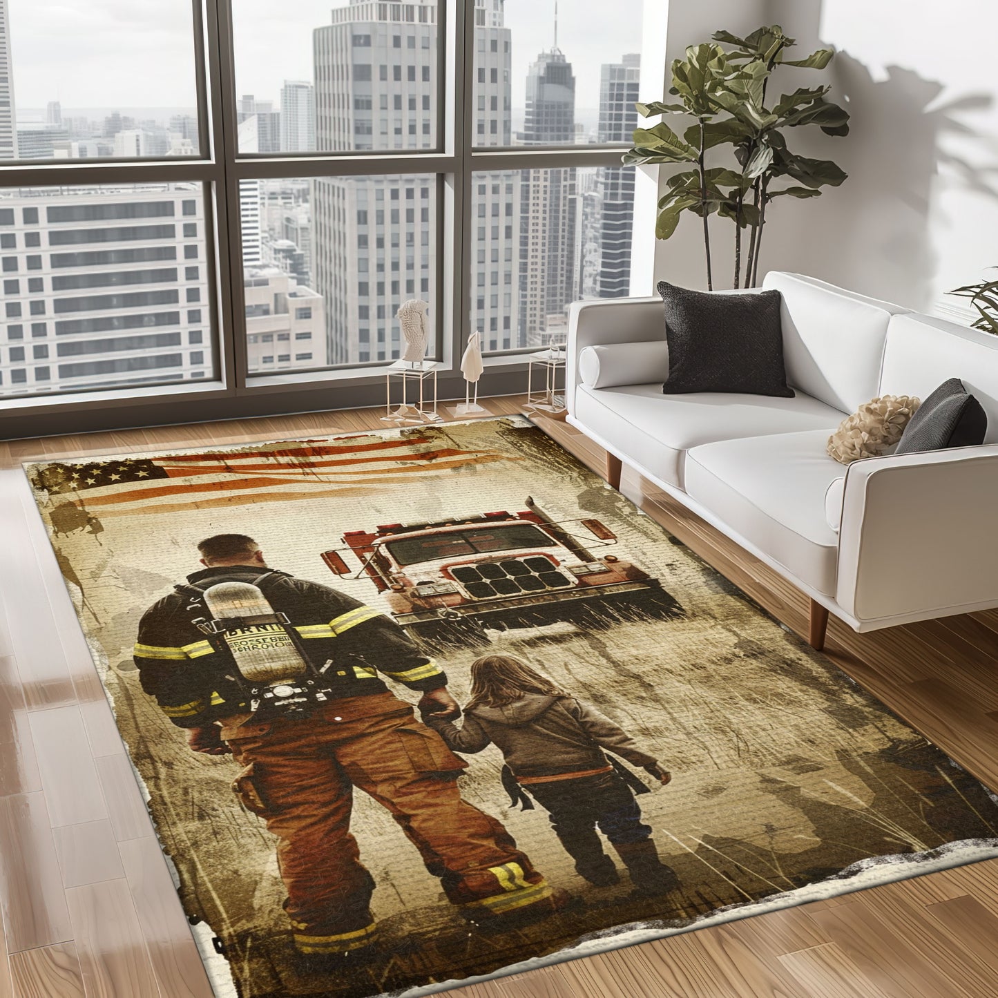 Bold Fire Truck in Front of the USA Flag Area Rug: Show Support for First Responders and Nation, Firefighter Rugs for Living Room Bedroom, Firefighter Rectangular Rugs Full Size FR60