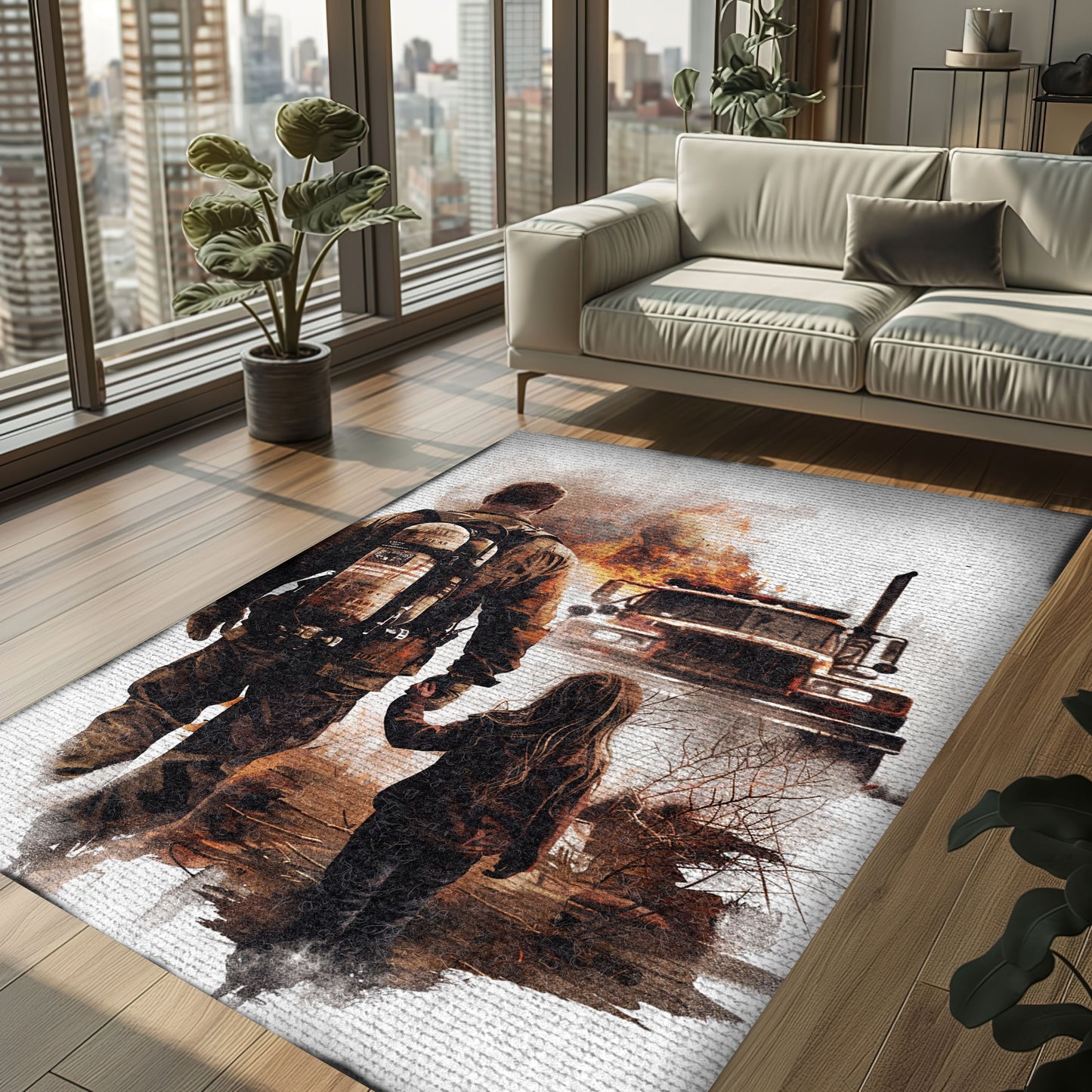 Bold Fire Truck in Front of the USA Flag Area Rug: Show Support for First Responders and Nation, Firefighter Rugs for Living Room Bedroom, Firefighter Rectangular Rugs Full Size FR60