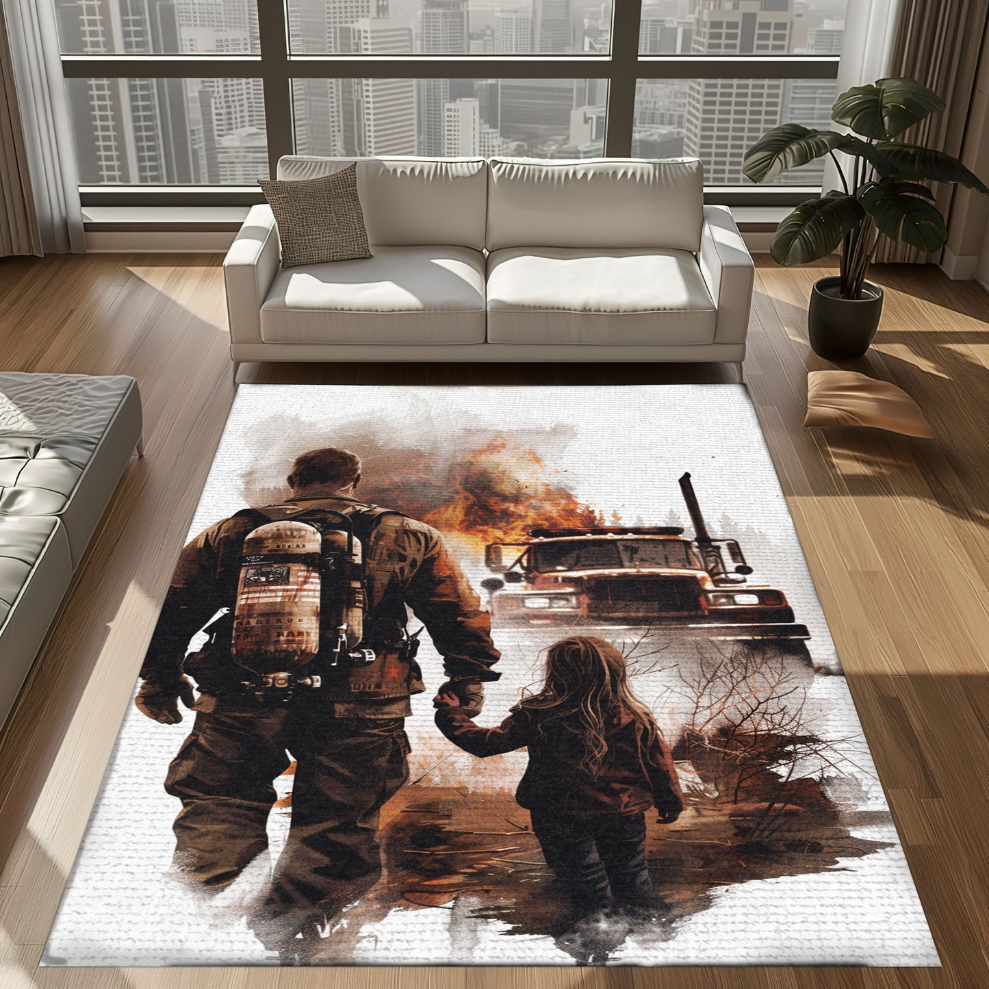 Bold Fire Truck in Front of the USA Flag Area Rug: Show Support for First Responders and Nation, Firefighter Rugs for Living Room Bedroom, Firefighter Rectangular Rugs Full Size FR60