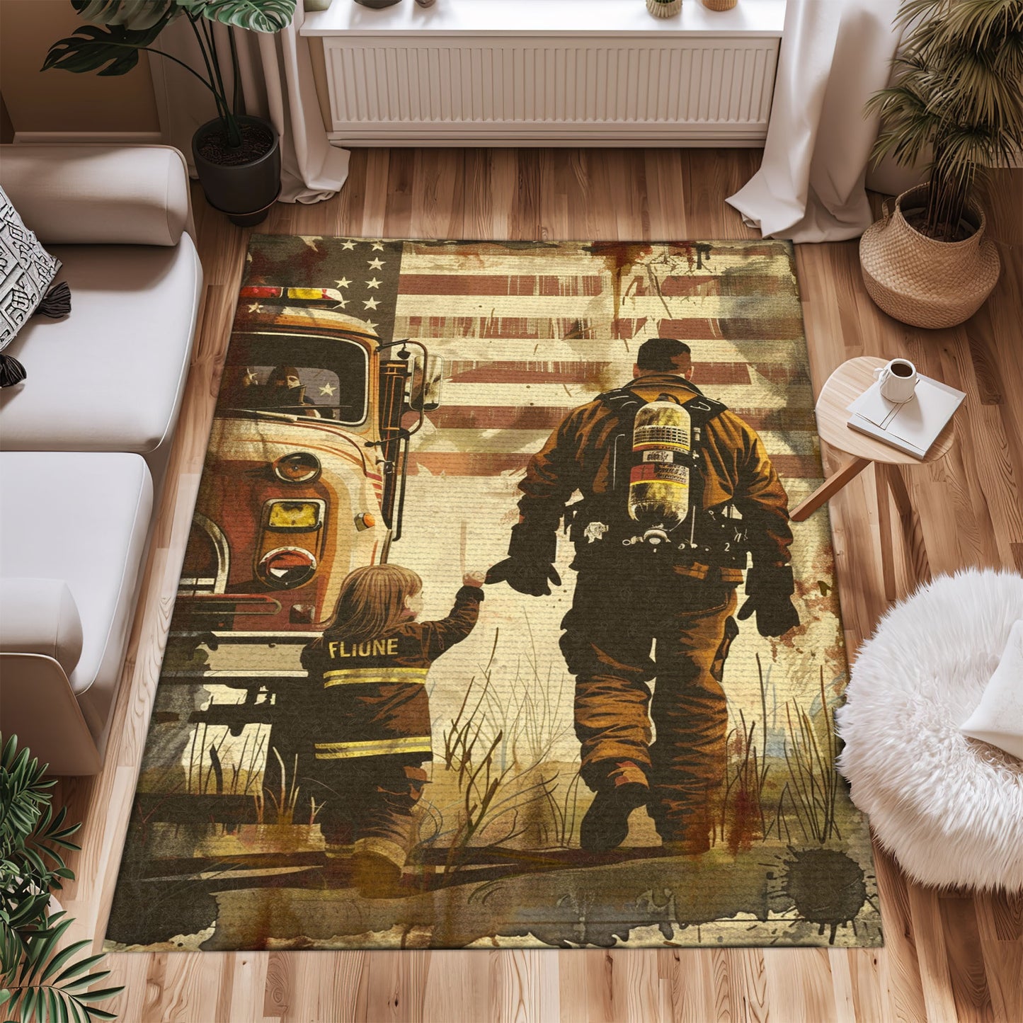 Bold Fire Truck in Front of the USA Flag Area Rug: Show Support for First Responders and Nation, Firefighter Rugs for Living Room Bedroom, Firefighter Rectangular Rugs Full Size FR60