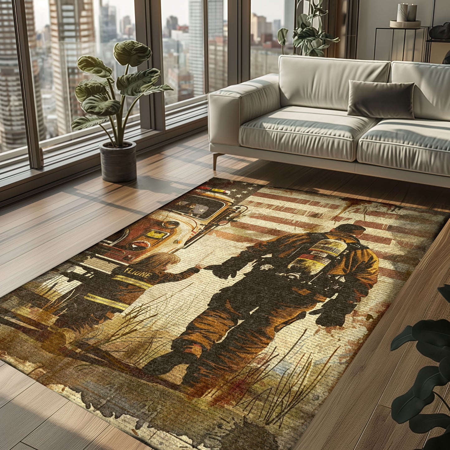 Bold Fire Truck in Front of the USA Flag Area Rug: Show Support for First Responders and Nation, Firefighter Rugs for Living Room Bedroom, Firefighter Rectangular Rugs Full Size FR60