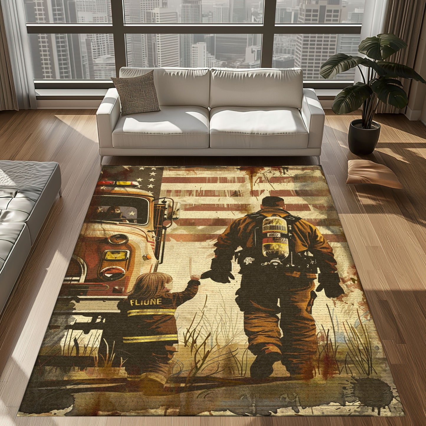 Bold Fire Truck in Front of the USA Flag Area Rug: Show Support for First Responders and Nation, Firefighter Rugs for Living Room Bedroom, Firefighter Rectangular Rugs Full Size FR60