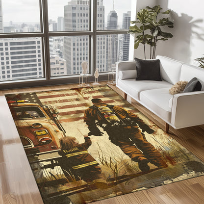 Bold Fire Truck in Front of the USA Flag Area Rug: Show Support for First Responders and Nation, Firefighter Rugs for Living Room Bedroom, Firefighter Rectangular Rugs Full Size FR60