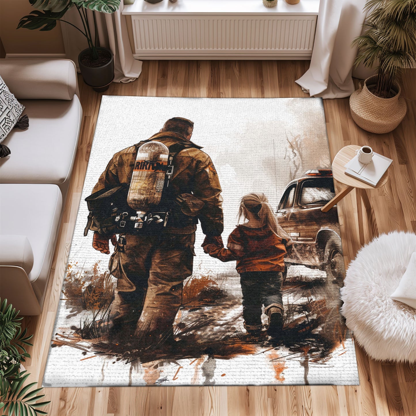 Bold Fire Truck in Front of the USA Flag Area Rug: Show Support for First Responders and Nation, Firefighter Rugs for Living Room Bedroom, Firefighter Rectangular Rugs Full Size FR60