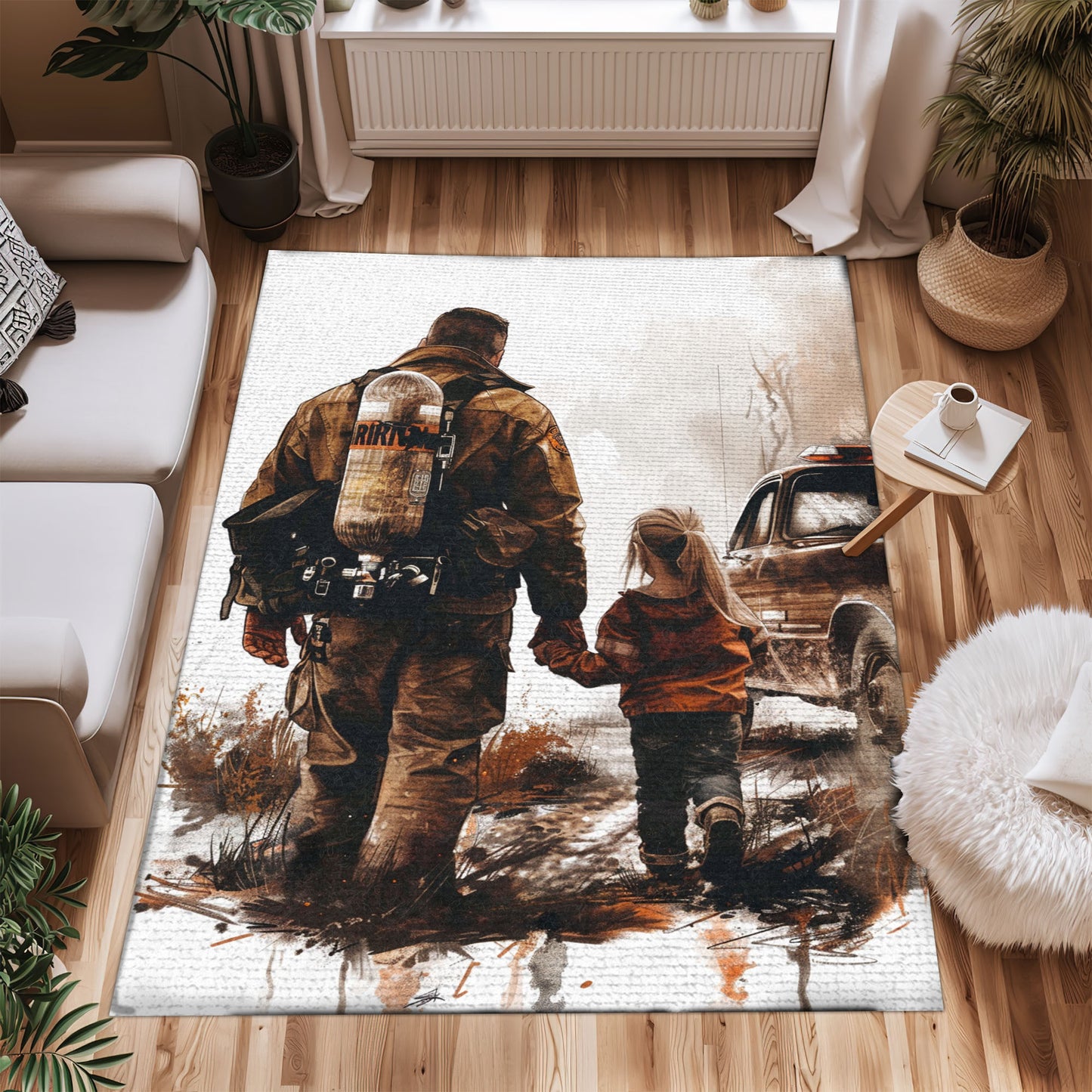 Personalized Dad and Daughter Firefighter Bond: Living Room Bedroom Rugs, Firefighter Rugs for Living Room Bedroom, Firefighter Rectangular Rugs Full Size FR111