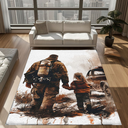 Bold Fire Truck in Front of the USA Flag Area Rug: Show Support for First Responders and Nation, Firefighter Rugs for Living Room Bedroom, Firefighter Rectangular Rugs Full Size FR60