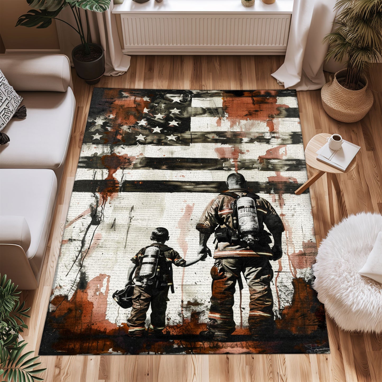 Bold Fire Truck in Front of the USA Flag Area Rug: Show Support for First Responders and Nation, Firefighter Rugs for Living Room Bedroom, Firefighter Rectangular Rugs Full Size FR60