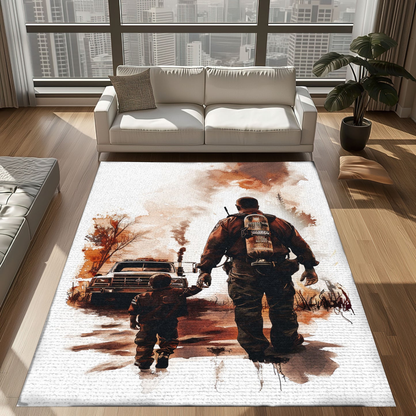 Bold Fire Truck in Front of the USA Flag Area Rug: Show Support for First Responders and Nation, Firefighter Rugs for Living Room Bedroom, Firefighter Rectangular Rugs Full Size FR60