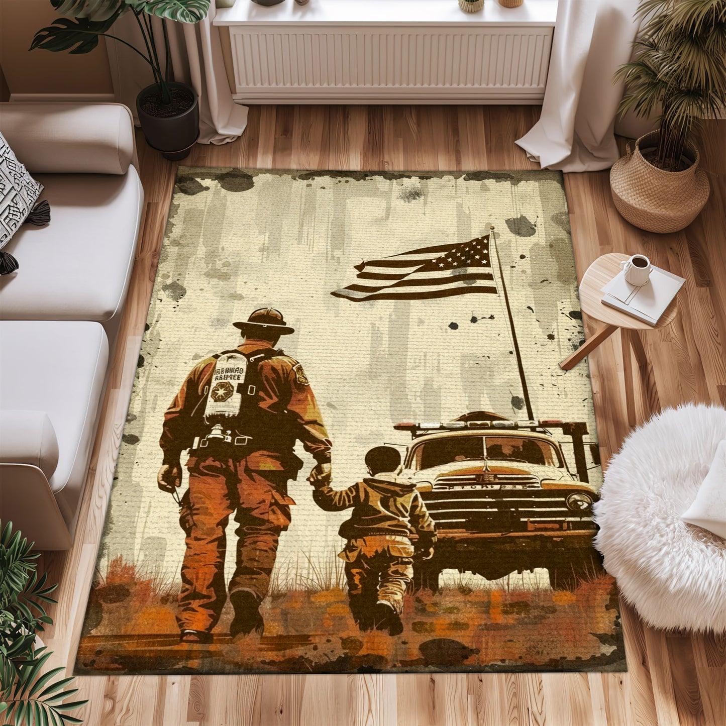 Bold Fire Truck in Front of the USA Flag Area Rug: Show Support for First Responders and Nation, Firefighter Rugs for Living Room Bedroom, Firefighter Rectangular Rugs Full Size FR60