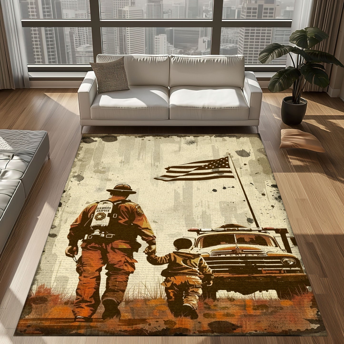 Bold Fire Truck in Front of the USA Flag Area Rug: Show Support for First Responders and Nation, Firefighter Rugs for Living Room Bedroom, Firefighter Rectangular Rugs Full Size FR60