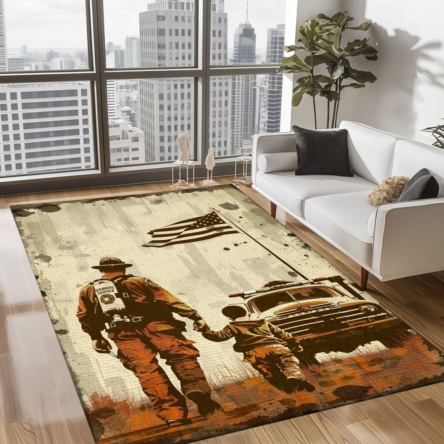 Bold Fire Truck in Front of the USA Flag Area Rug: Show Support for First Responders and Nation, Firefighter Rugs for Living Room Bedroom, Firefighter Rectangular Rugs Full Size FR60