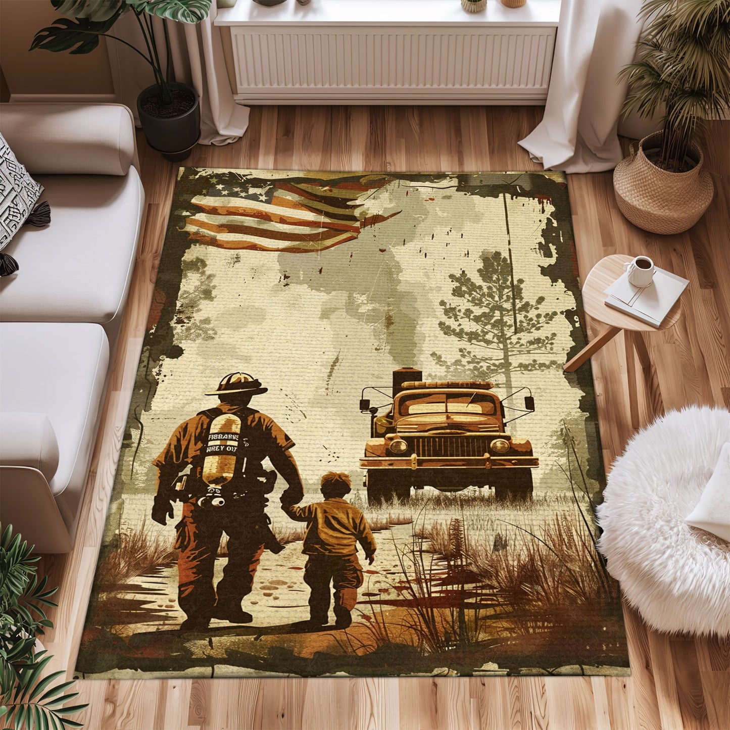 Bold Fire Truck in Front of the USA Flag Area Rug: Show Support for First Responders and Nation, Firefighter Rugs for Living Room Bedroom, Firefighter Rectangular Rugs Full Size FR60