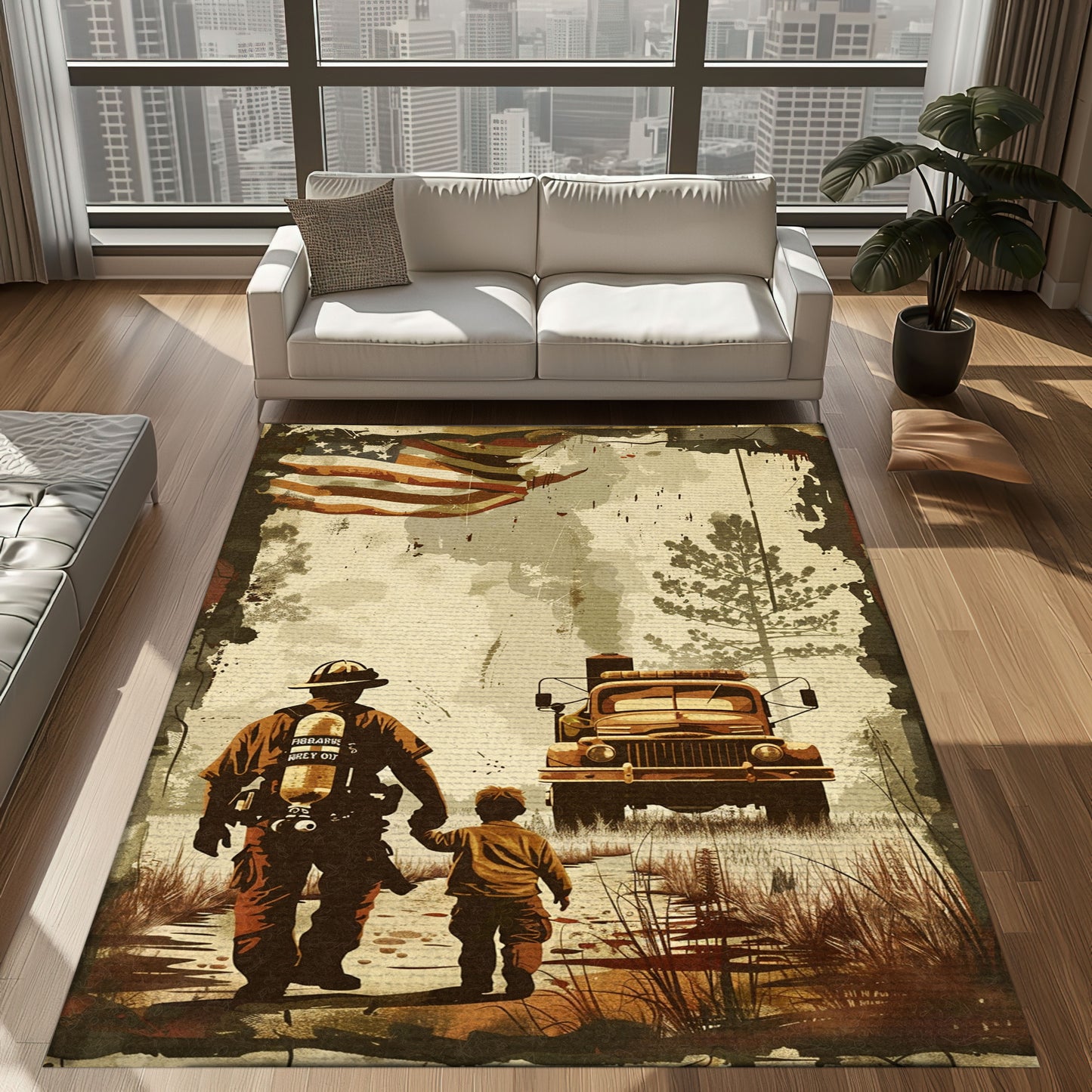 Bold Fire Truck in Front of the USA Flag Area Rug: Show Support for First Responders and Nation, Firefighter Rugs for Living Room Bedroom, Firefighter Rectangular Rugs Full Size FR60