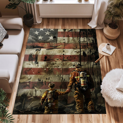 Bold Fire Truck in Front of the USA Flag Area Rug: Show Support for First Responders and Nation, Firefighter Rugs for Living Room Bedroom, Firefighter Rectangular Rugs Full Size FR60