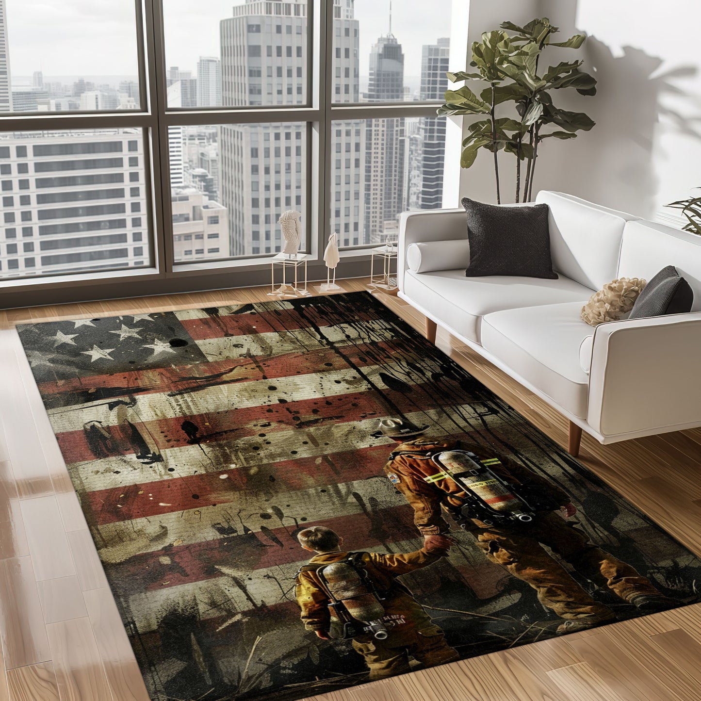 Bold Fire Truck in Front of the USA Flag Area Rug: Show Support for First Responders and Nation, Firefighter Rugs for Living Room Bedroom, Firefighter Rectangular Rugs Full Size FR60