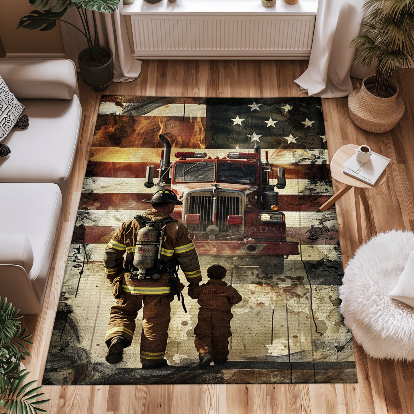 Bold Fire Truck in Front of the USA Flag Area Rug: Show Support for First Responders and Nation, Firefighter Rugs for Living Room Bedroom, Firefighter Rectangular Rugs Full Size FR60